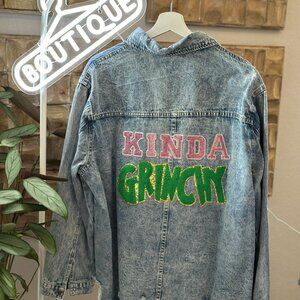 Kinda Grinchy Distressed Soft Denim Shacket Sequins Chenille Glitter Christmas